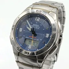 CASIO Waveceptor WVA-470 Watch Solar Men's Round Date Silver Blue Working シチズン ウェーブセプター 時計 ソーラー  電波ソーラー メンズ ラウンド シルバー ブルー デイト  稼働品