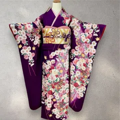振袖　振袖フルセット　紫系　刺繍　菊　小鼓　花紋　組みひも　正絹