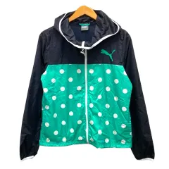 プーマ PUMA ジャンパー ブルゾン フード ナイロン ドット ロゴ 長袖 M 黒 ブラック 緑 グリーン
