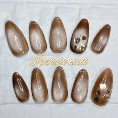 【オーダー】【No.15】濃いめブラウン･茶色･マグネット･ビー玉マグネット･うるうる･ちゅるちゅる･ハートホロ･奥行き･大人可愛い･デート･ネイルチップ