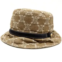 【良品】 CELINE セリーヌ ハット 帽子 トリオンフ キャンバス レザー 革 ベージュ 肌色 ブラック 黒色 ゴールド金具 ユニセックス 男女兼用 メンズ レディース