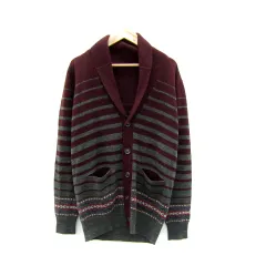 メンズメルローズ MEN'S MELROSE カーディガン ミドル丈 ショールカラー ボーダー柄 3 グレー ボルドー /SY39のサムネイル