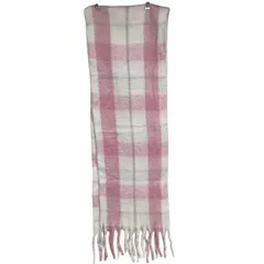 C404 マフラー ウール モヘア チェック柄 ホワイト ピンク ロング 2M