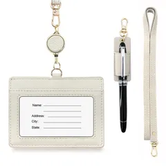 Boshiho パスケース 名札 横型 リール付き ネックストラップ付き 首掛け 定期入れ おしゃれ ネームホルダー 社員証ケース 2枚 両面 革 名刺入れ カードケース レディース メンズ ペンホルダー付き IDカードホルダー 通勤 通学 ホワイト