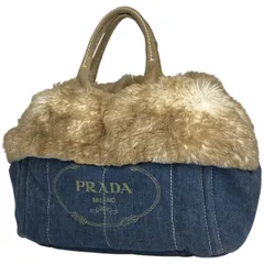 プラダ PRADA カナパ トート フェイクファー ハンドバッグ トートバッグ デニム ブルー ベージュ BN2182 レディース 【中古】
