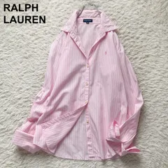 美品 ラルフローレン RALPH LAUREN 長袖シャツ カフスシャツ ピンク ホワイト ストライプ コットン 綿100% ロゴ刺繍 ポニー キッズ 160cm レディースS/M相当 オフィス カジュアル 春夏 大人女子に