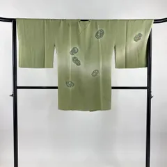 【美品】 道行 身丈86cm 裄丈68cm L 和装コート 角衿 草花 ぼかし 抹茶色 正絹 秀品 【中古】