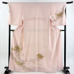 付下げ 身丈164cm 裄丈68.5cm L 袷 文箱 桜 刺繍 金糸 薄ピンク 正絹 秀品 【中古】