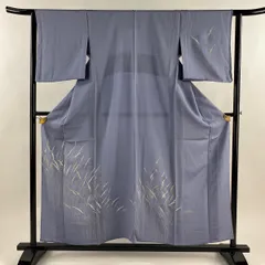 【美品】 付下げ 身丈155cm 裄丈62cm S 単衣 葉 銀彩 青灰色 正絹 秀品 【中古】