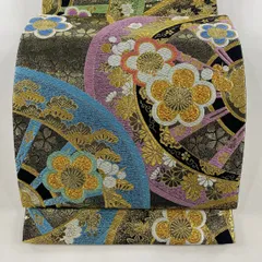 【美品】 袋帯 秀品 虹彩 振袖向き 梅 菊 金糸 箔 黒 六通 正絹 【中古】