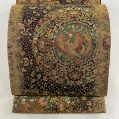 【美品】 袋帯 秀品 関西仕立て 鳥 草花 箔 焦茶色 六通 正絹 【中古】