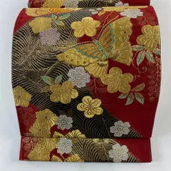【美品】 袋帯 秀品 振袖向き 蝶 草花 箔 ラメ 赤 六通 正絹 【中古】