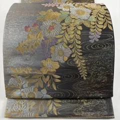 【美品】 袋帯 秀品 振袖向き 草花 流水 金銀糸 箔 灰色 六通 正絹 【中古】