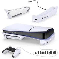 ISTATSO【2025新型PS5 対応】PS5 Slim用 スタンド ps5 横置きスタンド PS5 slim用収納アクセサリー ４つのUSBポート付き 転倒防止 地震対策 傷付き防止 放熱改善 ポートキャップ セット付き PS5 slim ディスク & 1