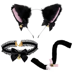 【新品】 [Moerstar] 猫耳 コスプレ ネコ 3点セット カチューシャ ねこ耳 しっぽ チョーカー 蝶結び 鈴付き ねこ コスチューム 可愛い 黒猫/白猫 尻尾 ネコミミ ハロウィン クリスマス イベント 仮装 アクセサリー 仮装小物 (ブラック, 0