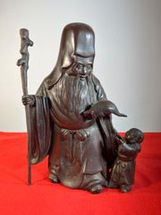 秀山」銘 銅製 高さ(約)32cm 重量(約)5kg◇◇置物 縁起物 翁 在銘