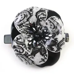 極美品★ALEXANDRE DE PARIS アレクサンドル ドゥ パリ カメリア ビジュー付 レースプリント バレッタ ホワイト ブラック フランス製 レディース