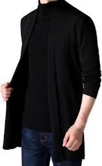 Silver & Style メンズ カーディガン ロング ゆったり ニット ジャケット 羽織 (ブラック,  2XL)