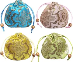 Silver & Style 巾着 巾着袋 小物入れ 和柄 ミニ サテン ポーチ セット 和風 アクセサリー入れ (4枚 セット B)