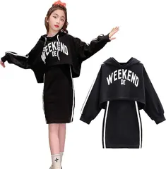 Silver & Style 韓国子供服 セットアップ ショート丈 パーカー へそ出しパーカー インナー タンクトップ ダンス (ブラック,  150)