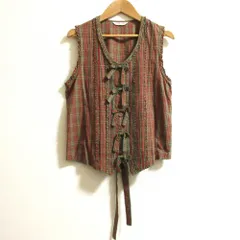 美品 WONDERFUL WORLD ワンダフルワールド ギンガムチェック フリルリボンノースリーブブラウス レッドグリーン レディース 古着 中古 USED