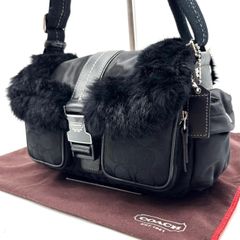 ラビットファー】COACH レザー ハンドバッグ シグネチャー ナイロン 