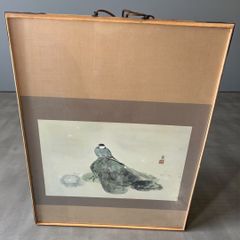 アンティークな3羽の鳩（ハト）日本画 伴一邦作 掛け軸レトロ癒し鳩の
