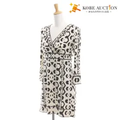 ■ DIANE VON FURSTENBERG ミニワンピース 長袖 トップス モノトーン柄 シルク レディース 0 (XS相当) アイボリー ブラック 黒
