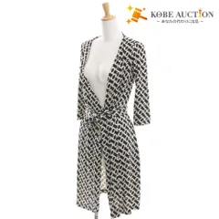 ■ DIANE von FURSTENBERG ラップワンピース 半袖 トップス アウター 前紐 総柄 シルク レディース 0 (XS相当) ブラック アイボリー