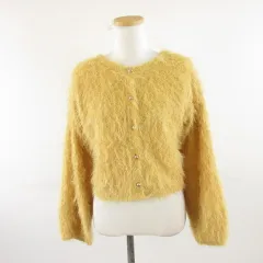シャギーニットカーディガン ショート丈 長袖 黄 M *A648