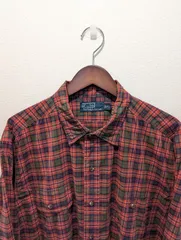 美品　90's　Polo by Ralph Lauren　ポロバイラルフローレン　シャツ　ワークシャツ　レッド×グリーン×ネイビー　タータンチェック　ダブルポケット