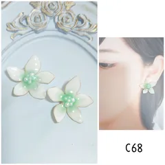 C68  カボション  フラワー ホワイト パール ハンドメイド ピアス