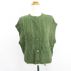 スタディオクリップ Studio Clip ニット セーター ノースリーブ ベスト フロントボタン ケーブル編み F グリーン ※EKM