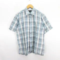 ダックス DAKS シャツ 半袖 チェック 麻混 ロゴ 胸ポケット L グレー×ライトブルー ※EKM