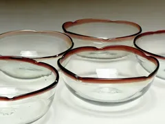 【蔵C8497】和硝子　レトロ　吹きガラス　赤縁　向付鉢　六客　氷カップ気泡