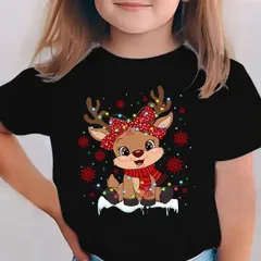 【送料無料】ジュニア キッズ クリスマス 鹿 & 赤いリボン プリント Tシャツ 熱転写3DプリントTシャツ  パロディ 子供服 男の子 女の子 小学生 中学生  半袖 トップス スポーツ キャンプ 夏服 コットン100%
