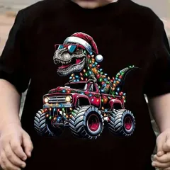 【送料無料】ジュニア 恐竜＆恐竜列車 クリスマスTシャツ ラウンドネック カジュアルキッズトップ 恐竜列車プリント 熱転写3DプリントTシャツ  パロディ 子供服 男の子 女の子 小学生 中学生  半袖 トップス スポーツ キャンプ 夏服 コットン100%