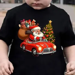 【送料無料】ジュニア クリスマスサンタクロース&カープリントtシャツ-サンタがヴィンテージカーを駆動するお祝いの赤い 熱転写3DプリントTシャツ  パロディ 子供服 男の子 女の子 小学生 中学生  半袖 トップス スポーツ キャンプ 夏服 コットン100%