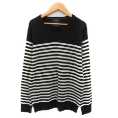 ナノユニバース nano universe ニット カットソー 長袖 Vネック ボーダー柄 ウール混 M 黒 ブラック /YK30