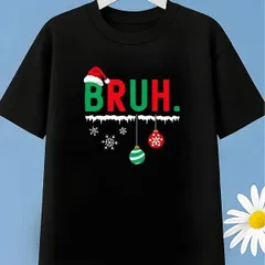 【送料無料】ジュニア キッズ 「BRUH」クリスマスプリント Tシャツ - お祭り気分のサンタ帽＆雪の結晶デザイン 熱転写3DプリントTシャツ  パロディ 子供服 男の子 女の子 小学生 中学生  半袖 トップス スポーツ キャンプ 夏服 コットン100%