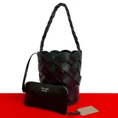 極 美品 PRADA プラダ ロゴ 型押し メッシュ レザー 本革 セミショルダーバッグ ワンショルダーバッグ ハンドバッグ ブラック e40-5