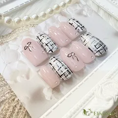 【現品】ネイルチップ　ピンク　ツイード　リボン