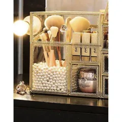 メイクブラシ ゴールド 収納 ボックス ケース 引き出し 真珠風ビーズ付 化粧箱 ヨーロッパ 口紅 コスメ収納 真珠付 ビーズ アクリル am