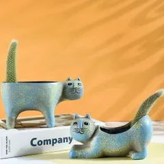 気持ち悪い顔のネコ グリーン 観葉植物 プランター 多肉植物 植木鉢 花瓶 緑 サボテン かわいい おしゃれ 室内 屋外 陶器 鉢植え 尻尾 引越し祝い プレゼント おもしろ雑貨 インテリア キャット 動物 オブジェ 置物 am