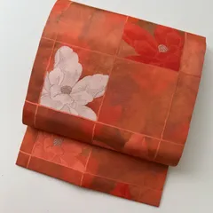 名古屋帯 格子に花柄 織り出し 九寸 正絹 着物 MA-1118