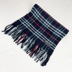 t1977  バーバリー  マフラー  チェック ウール100% イングランド製 男女兼用 ユニセックス 紺色 ネイビー フリンジ