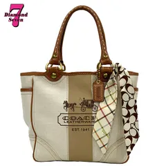 【中古】COACH コーチ F11791 トートバッグ バッグ カバン 鞄 白 ホワイト アイボリー ベージュ キャメル キャンバス レザー サイドポケット 裏地チェック A4 自立 通勤 通学 レディース ⓪