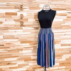 【フレイアイディー】プリーツ ドッキング ロング ニット ワンピース 黒×青