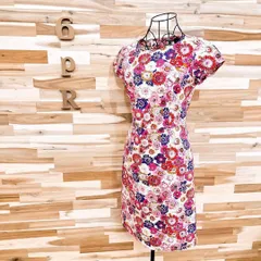 【タルボット】カラフル フラワー花柄 タイト ワンピース 半袖 総柄 ピンク×白