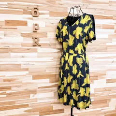 【ポールスミス】Vネック フラワー アート ワンピース 花柄 総柄 M 紺×黄